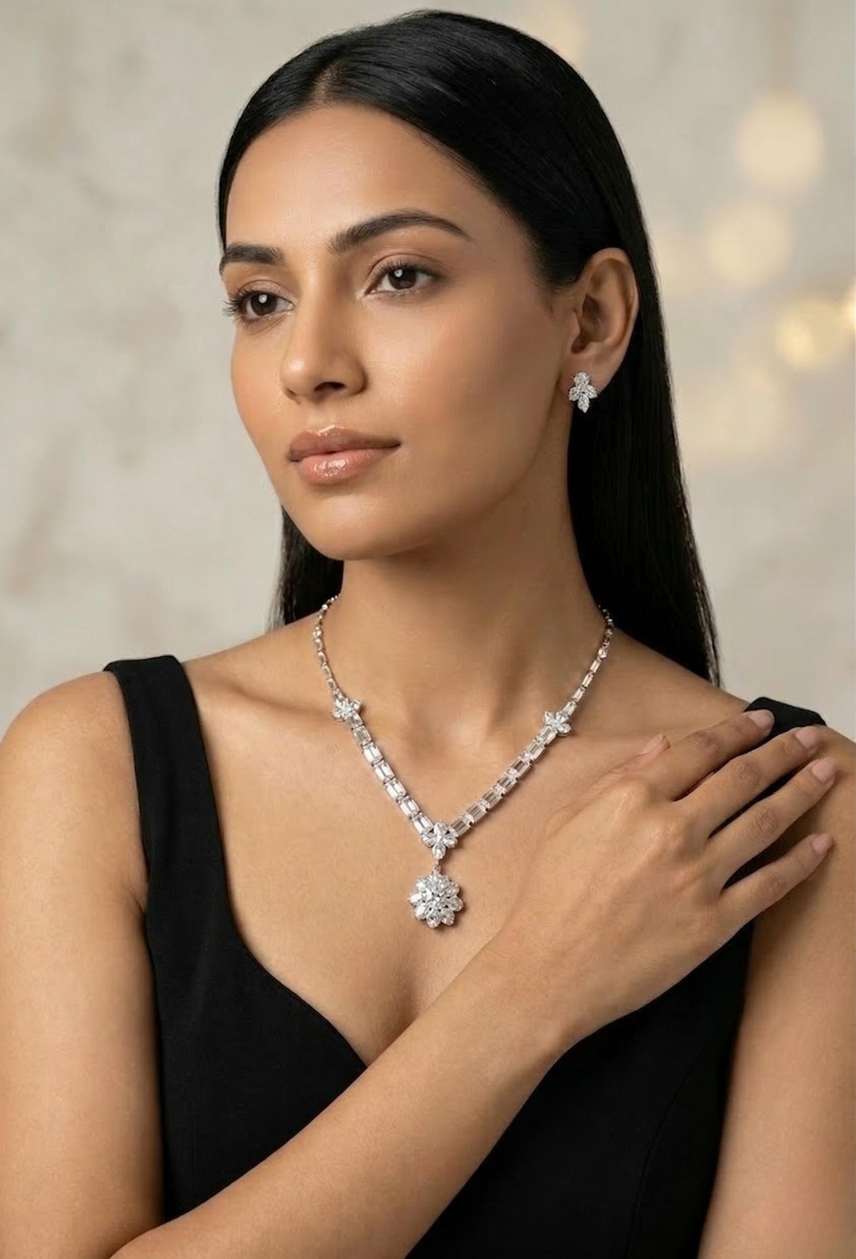 Zudvi Premium Silver Crystal Necklace Set with Earrings for Women