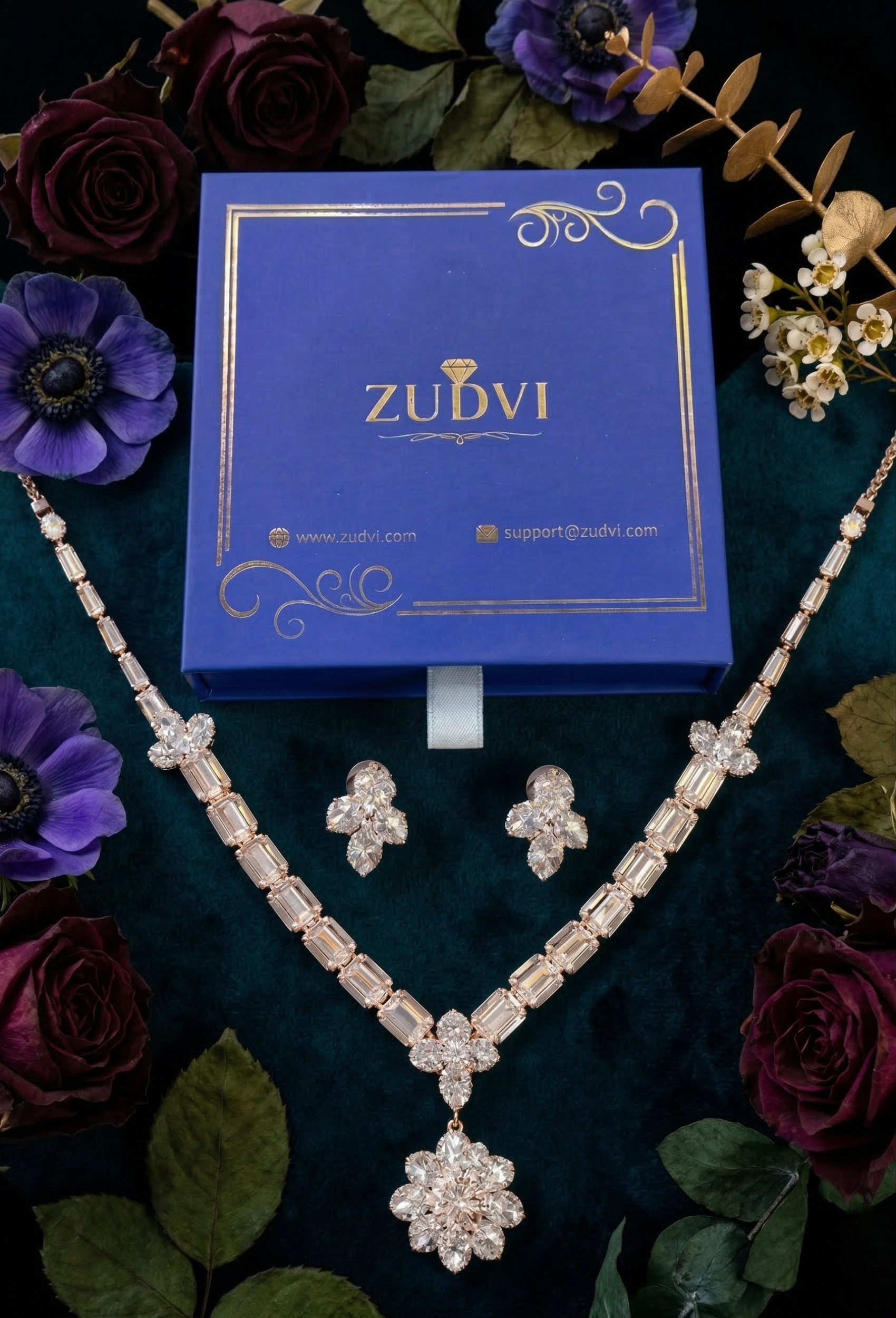 Zudvi Premium Silver Crystal Necklace Set with Earrings for Women
