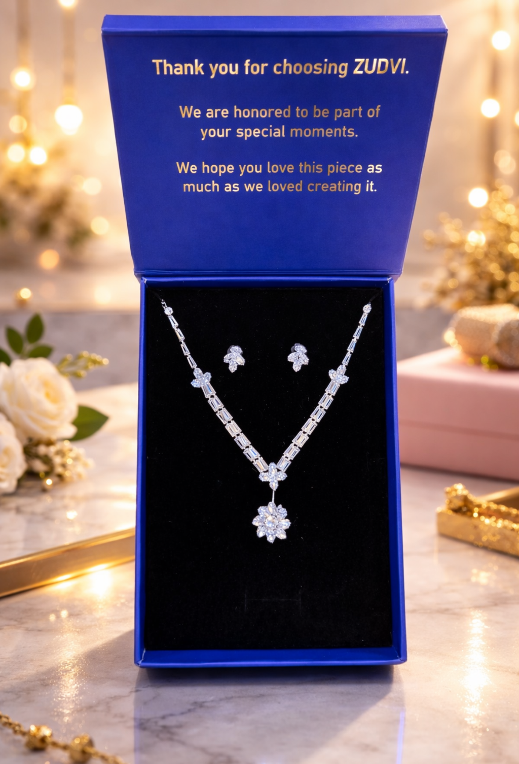 Zudvi Premium Silver Crystal Necklace Set with Earrings for Women