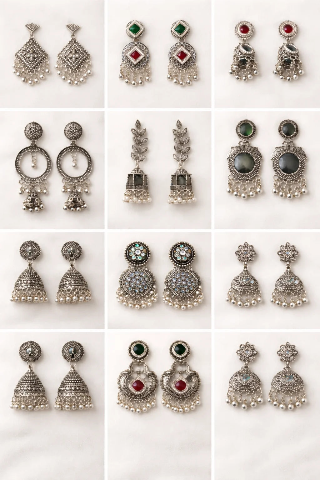 Oxidized Designer Stud Earrings Set of 12 with Folding Jewelry Box