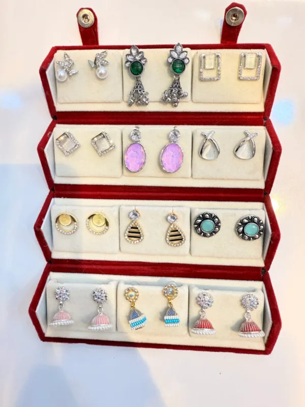 Oxidized Designer Stud Earrings Set of 12 with Folding Jewelry Box | Traditional & Modern Earring Set for Women & Girls