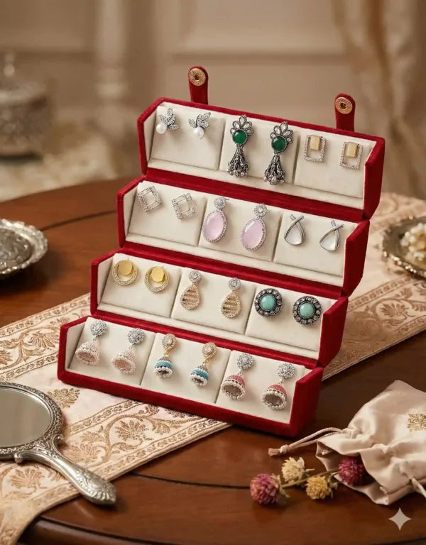 Oxidized Designer Stud Earrings Set of 12 with Folding Jewelry Box | Traditional & Modern Earring Set for Women & Girls