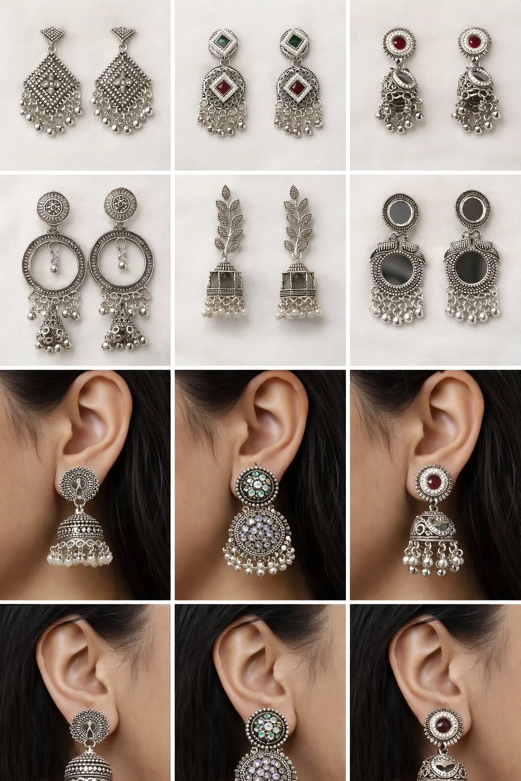 Oxidized Designer Stud Earrings Set of 12 with Folding Jewelry Box