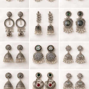 Oxidized Designer Stud Earrings Set of 12 with Folding Jewelry Box